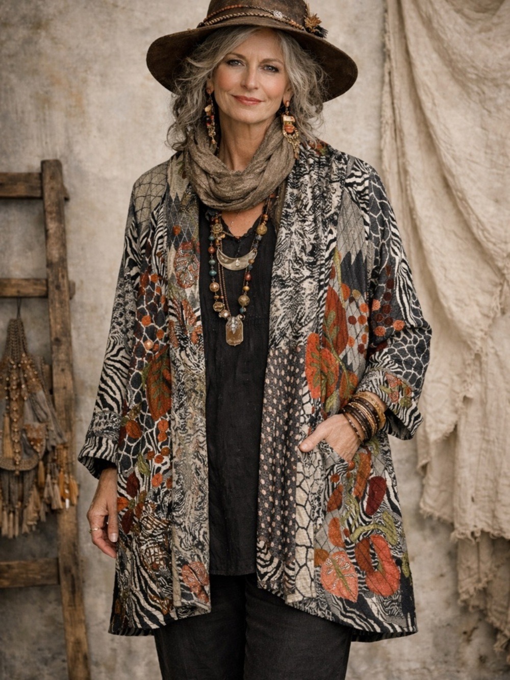ANU Embroidered Open Front Grey Multi Wool Cardigan Artisan Bohemian size small